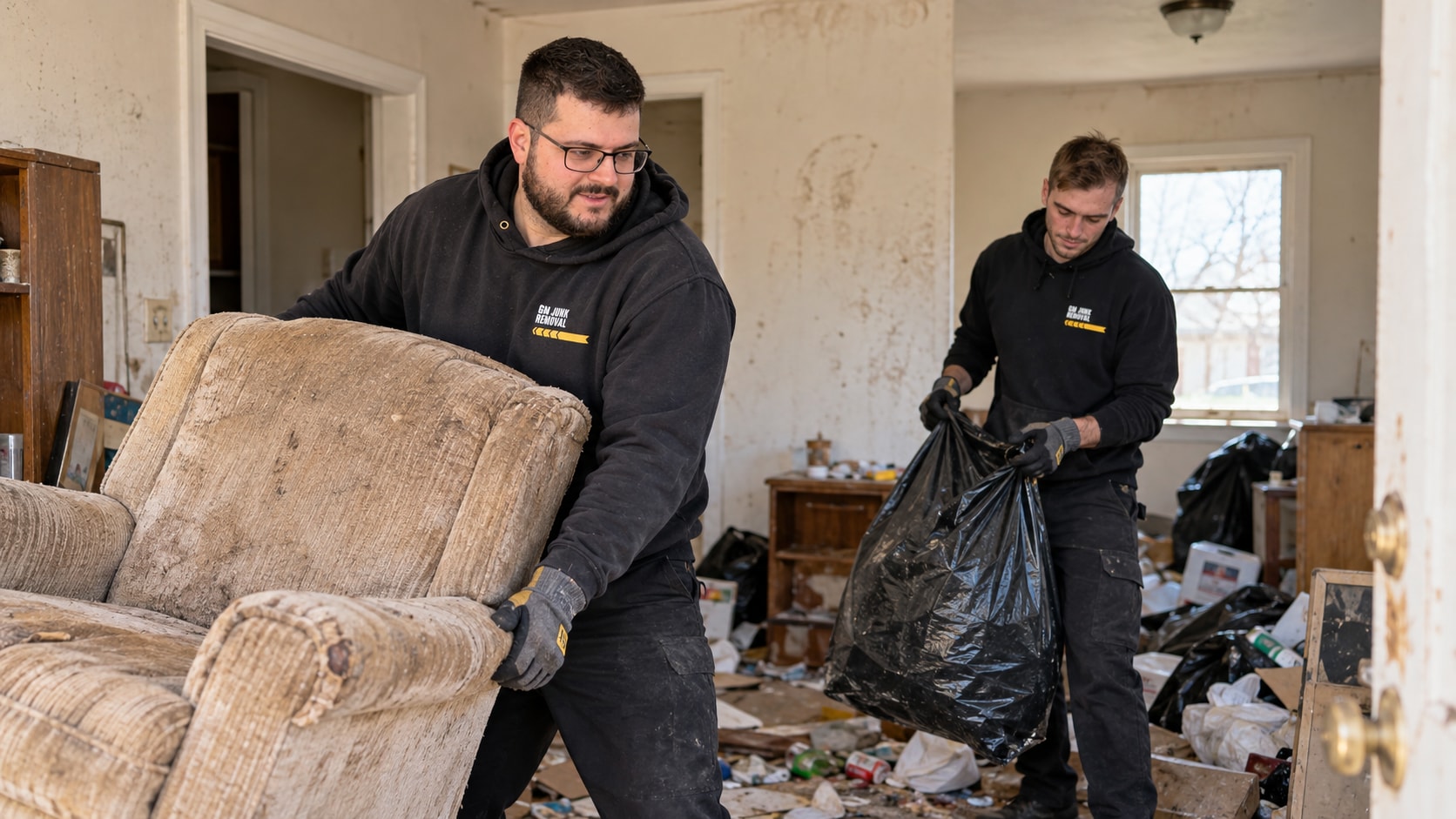 GM Junk Removal crew clearing a recliner and bagged debris from a cluttered home