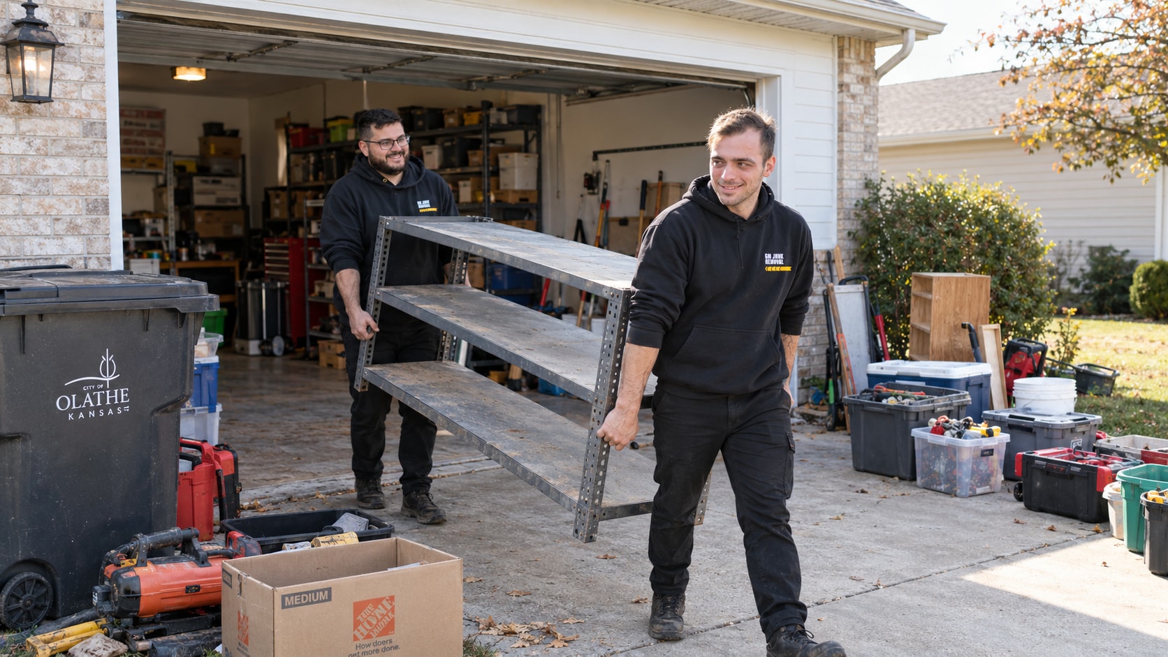 GM Junk Removal crew carrying a metal shelving unit out of a garage to the driveway