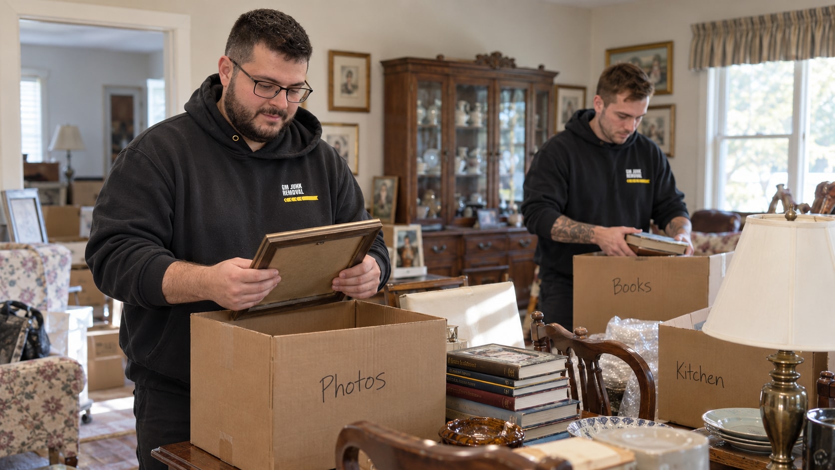 GM Junk Removal crew sorting framed photos and books into labelled boxes on an estate cleanout