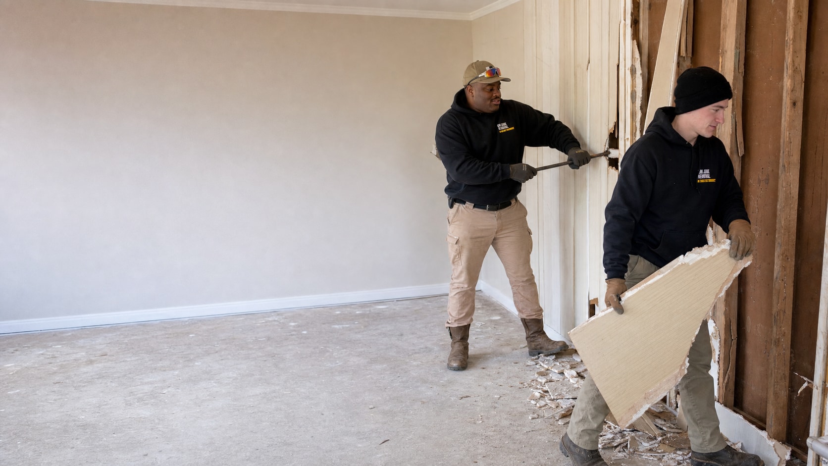 GM Junk Removal crew tearing out an interior wall, one swinging a pry bar and one carrying drywall