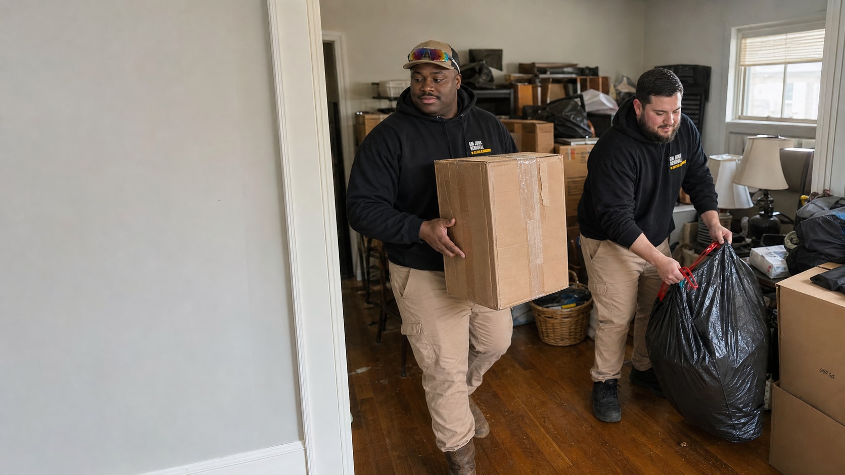 Crew clearing a cluttered room