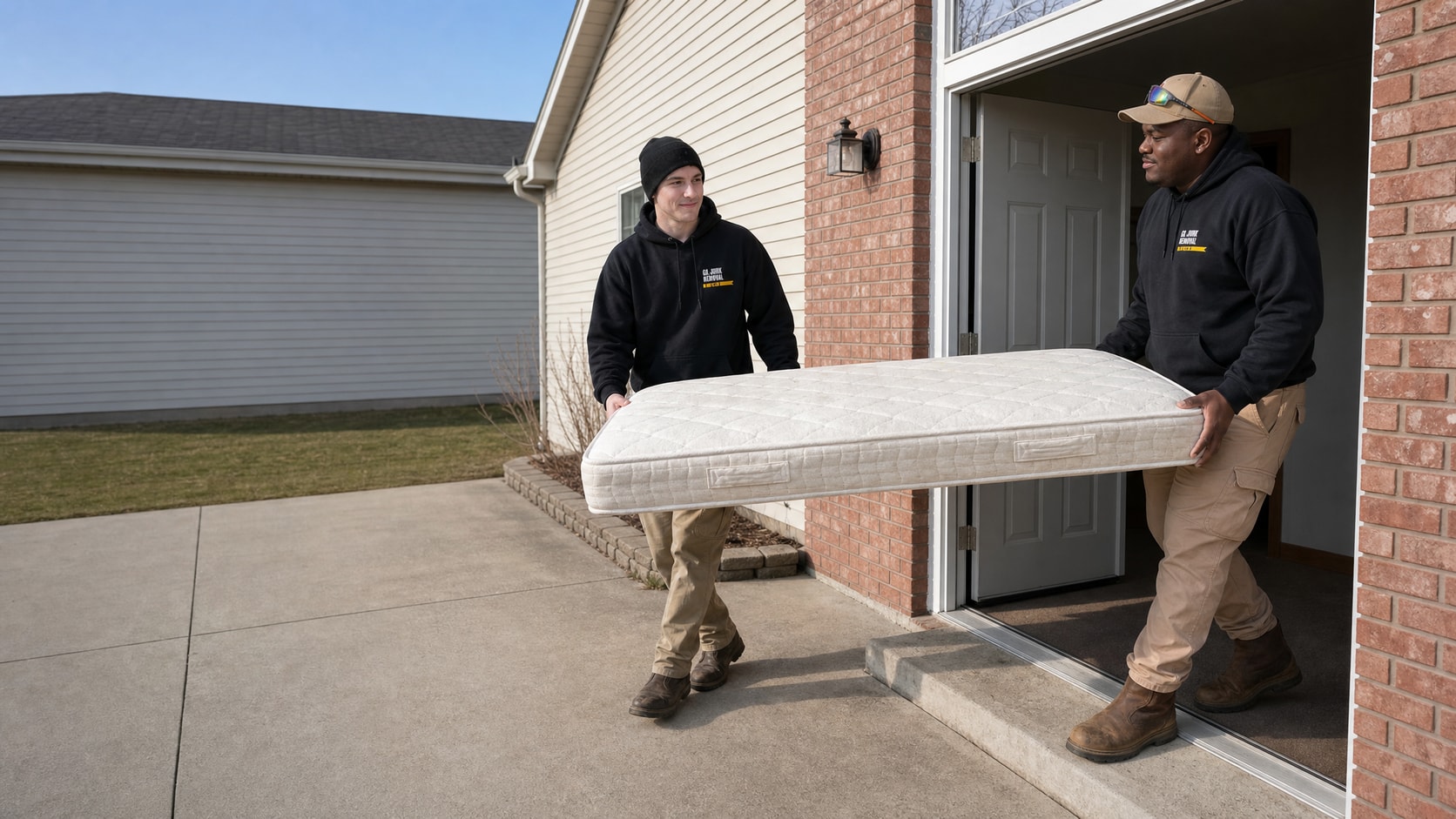 Crew carrying a mattress out of a house